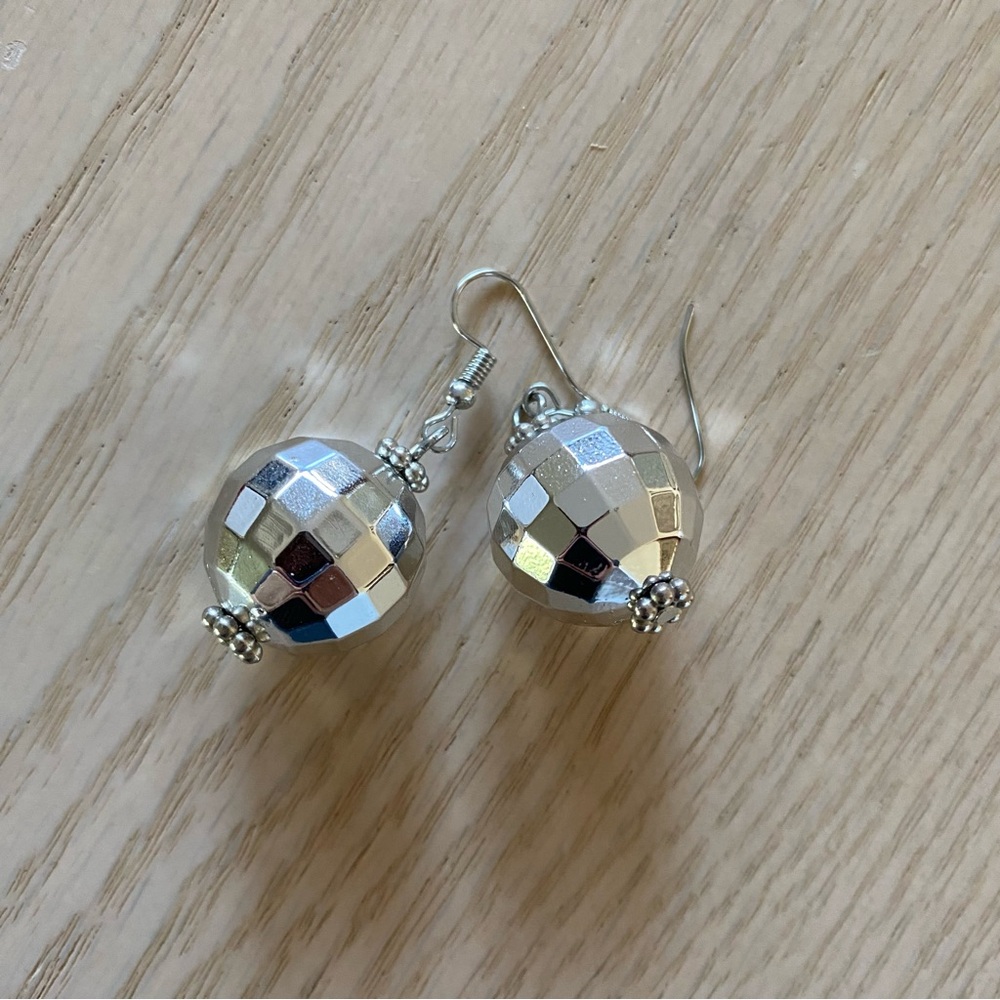 Silver disco ball drop earrings
